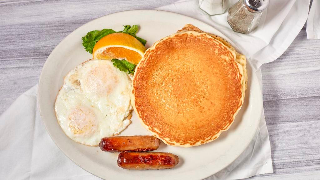 Pancake Combo · Two fluffy buttermilk pancakes, two eggs any style, two pieces of bacon or sausage.