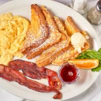 French Toast Combo · Two pieces of French toast, two eggs any style, two pieces of bacon or sausage.