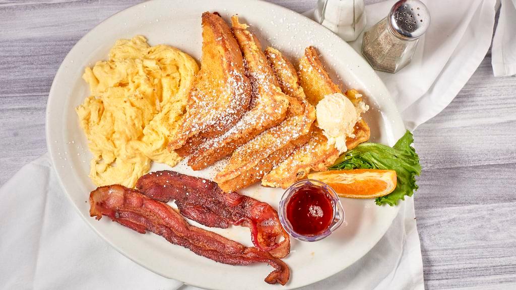 French Toast Combo · Two pieces of French toast, two eggs any style, two pieces of bacon or sausage.