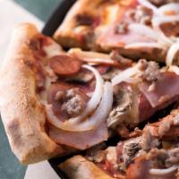 1. The Dominator - House Specialty · Pepperoni, salami, mushrooms, ham, linguica, sausage, and onions. This is our house combinat...