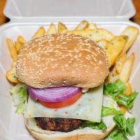Big Burger Steak Fries · Pound angus ground beef charbroiled burger on toasted brioche. served w lettuce, tomato, oni...