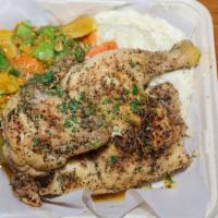 Half Lemon Herb Roasted Chicken · Served with mashed potatoes and seasonal veggies.