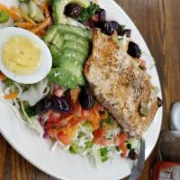 NICOISE  · ( TUNA SALAD OR SALMON ) SPRING MIX, BOILED EGGS, AVOCADO, CUCUMBER, TOMATOES, RED ONIONS,  ...