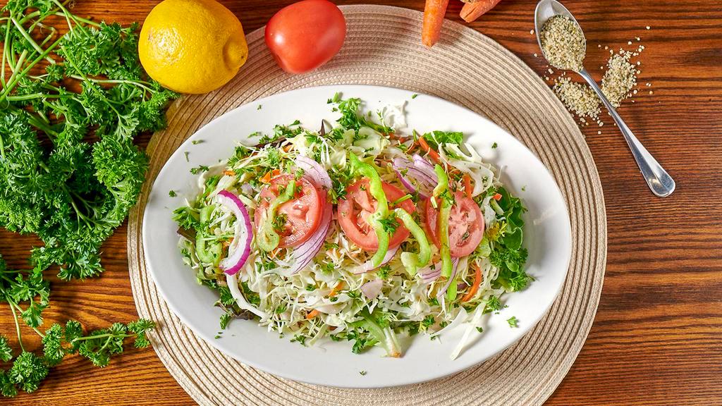 OPA SALAD · Shredded CABBAGE, BELL PEPPERS, CUCUMBERS, TOMATOES, RED ONION, PARSLEY, AND CITRUS VINAIGRETTE