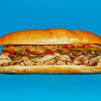Roasted Peppers Chicken Cheesesteak · Sliced chicken with melted provolone, grilled onions, and roasted bell peppers on a hoagie r...