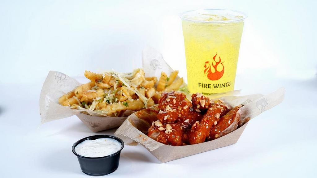6 Pc Combo · Comes with choice of 1 flavor, seasoned fries, 1 dip and a drink