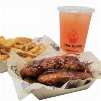 5Pc Chicken Strip Combo · Comes with choice of 1 flavor, seasoned fries, 1 dip and a drink