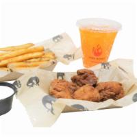 Mini 4 Pc Boneless · Comes with choice of 1 flavor, seasoned fries, 1 dip, and a 12oz fountain drink