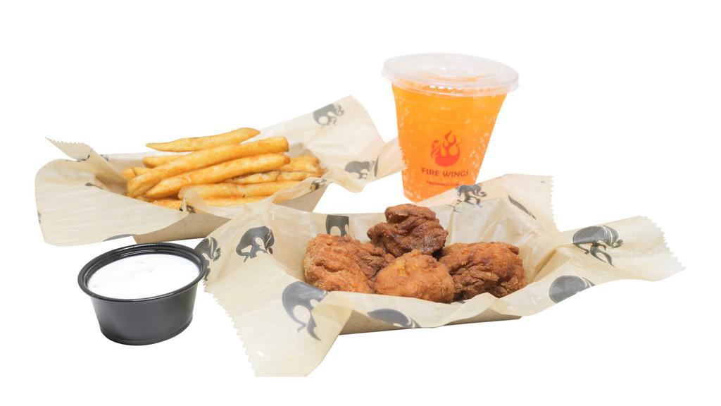 MINI 4 PC BONELESS · Comes with choice of 1 flavor, seasoned fries, 1 dip, and a 12oz fountain drink