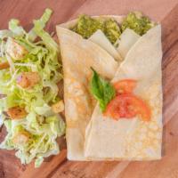 Chicken Pesto Crepe · Chicken, pesto sauce, Swiss cheese, basil and tomatoes. *Served with Ceasar Salad.