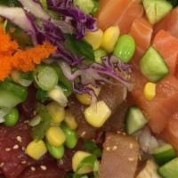 Bimi super bowl  · Salmon poke ,tuna poke, albacore poke, hamachi sashimi ,crab , cucumber, corn, bean, seaweed...