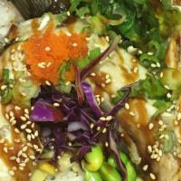 Hamachi Kama bowl · Cooked yellowtail fish neck , seaweed salad,cucumber,corn bean cabbage, green onion, unagi s...