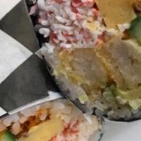 4. Shrimp Tempura Burrito · Shrimp tempura,crab salad, tobiko, tomago,fry onion,cucumber, avocado,spicy mayo,unagi sauce.