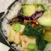 6. Vegan Burrito · Cucumber, avocado, sweet tofu skin ,  seaweed salad, carrot