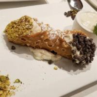 Cannoli · fried pastry shell, ricotta cream, candied citrus, pistachio, chocolate chips