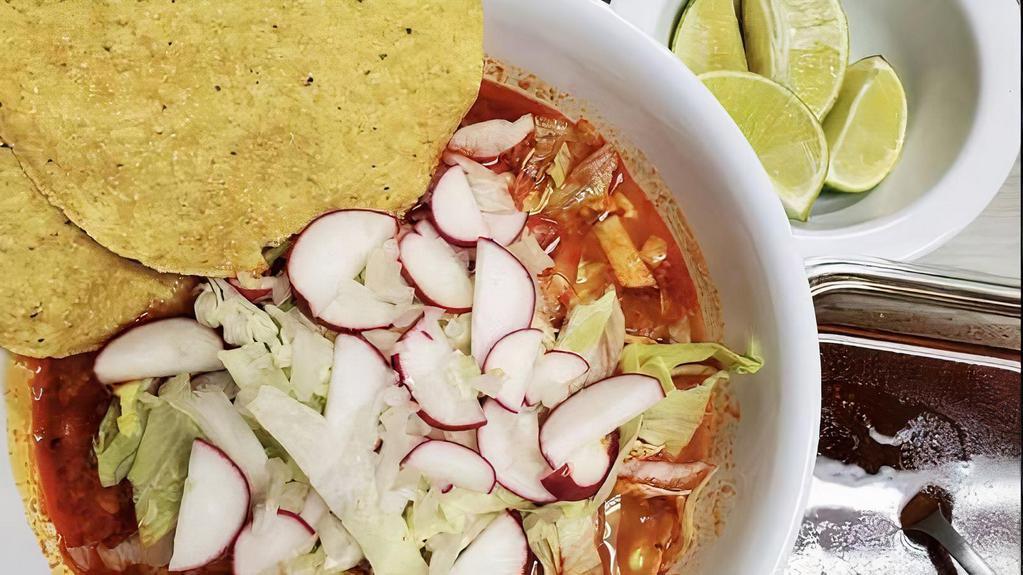 Pozole · Pork meat, red chili, cabbage, radish, onions, corn tortillas or toasts.