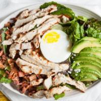 Chicken Cobb Salad · Romaine, applewood bacon, avocado, blue cheese, soft-boiled organic egg, tomato, lemon vinai...