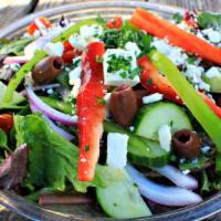 Greek Salad · Bell pepper, cucumber, tomato, olive (pitted), red onion, parsley, feta cheese, lemon vinaig...
