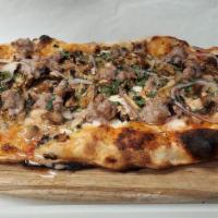 Salsiccia e Funghi Pizza · Italian sausage, mushrooms, onions, san marzano tomato sauce and buffalo mozzarella
