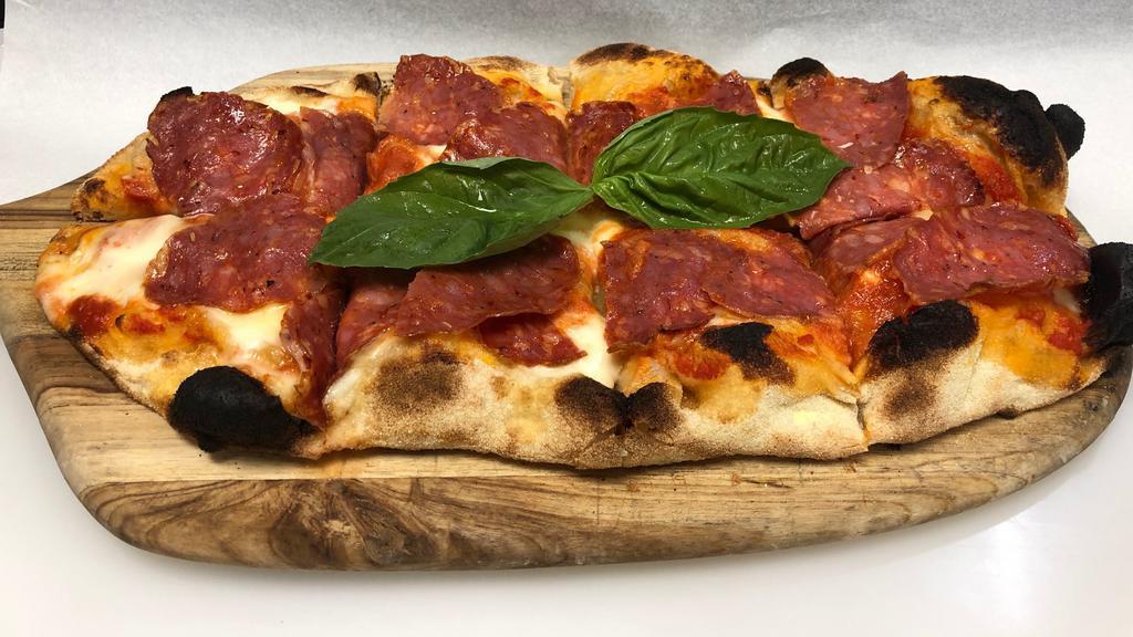 Salame Pizza · Looking for a pepperoni pizza? We don't have it! lol But check out our mild spicy salami, blend of smoked and fresh mozzarella with a San Marzano tomato base...even better!