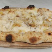 Quattro Formaggi Pizza · Melted D.O.P. Gorgonzola dolce, smoked Mozzarella, Asiago ＆ Parmigiano Reggiano. Say cheeeese!