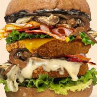 Creamy Shrooms Burger (Ultimate) · Double crispy yet juicy GMO free soy patties with added vegan cheese, vegan bacon and vegan ...