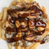 Loaded Shrooms Fries · Crispy seaweed fries topped with sauteed mushrooms, caramelized onions and smoky BBQ sauce.