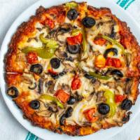 Guinevere'S Garden Delight Pizza · Tomaotes, mushrooms, green peppers, onions, black olives on zesty red sauce.