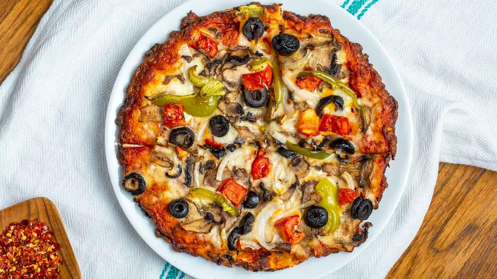 Guinevere's Garden Delight (Personal 4 Slices) · Guinevere's garden delight tomatoes, mushrooms, green peppers, onions, black olives on zesty red sauce. 120-190.