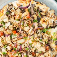 Chicken & Garlic Gourmet™ (Personal (4 Slices) (140-200 Cal./Slice) · Chicken, garlic, mushrooms, tomatoes, red and green onions and Italian herb seasoning on cre...