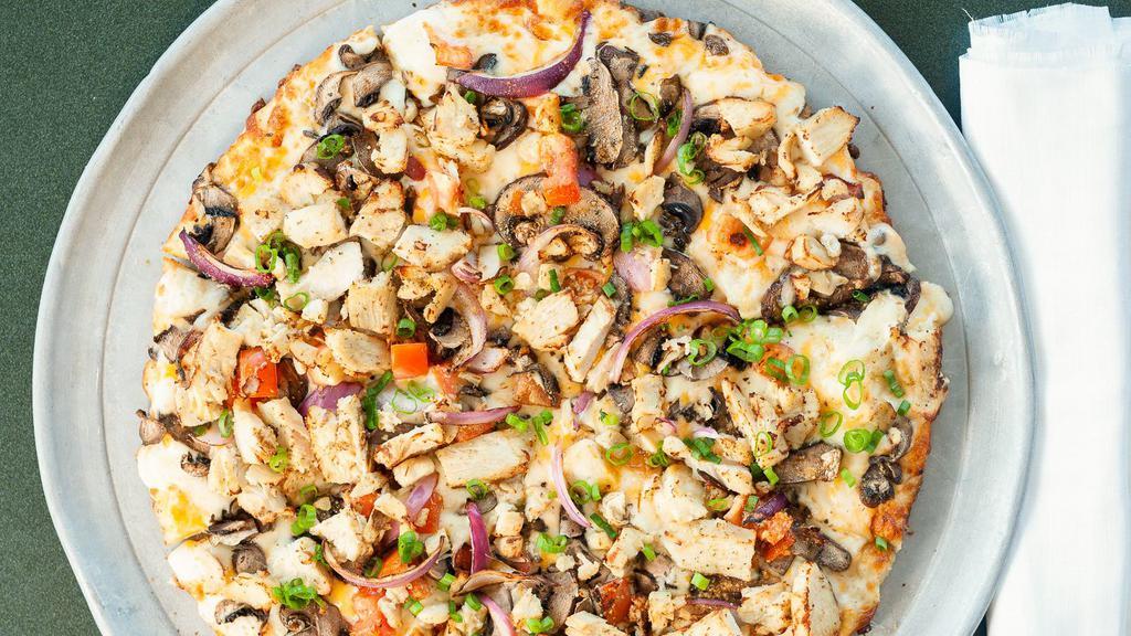 Chicken & Garlic Gourmet (Small, 6 Slices) · 190-280 cal/slice. The Original Chicken & White Sauce Pizza! Grilled white meat chicken, creamy garlic sauce, three cheese blend, mushrooms, tomatoes, red & green onions with Italian herb seasoning.