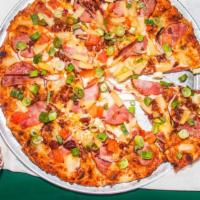 Maui Zaui™ (Personal (4 Slices) (150-250 Cal./Slice) · Ham, mini pepperoni or chicken with bacon, pineapple, tomatoes and red and green onions on t...