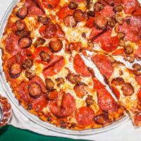 Montagues All Meat Marvel® (Medium (8 Slices) (290-380 Cal./Slice) · Italian sausage, pepperoni, salami and linguiça on zesty red sauce.