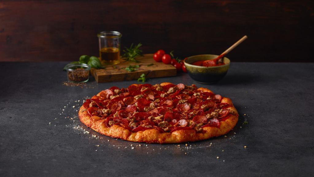 Ulti Meat™ (Small (6 Slices) (220-310 Cal./Slice) · Primo pepperoni, linguiça, bacon and Italian sausage on zesty red sauce.