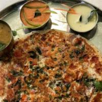 Mix Veg Uthappam* · South Indian soft pancake made of rice ＆ lentil topped with mixed vegetables.