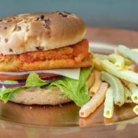 Buffalo Chicken Burger · Hot and spicy. Bun, breaded chicken patty, Romaine, tomato, red onion, ranch.