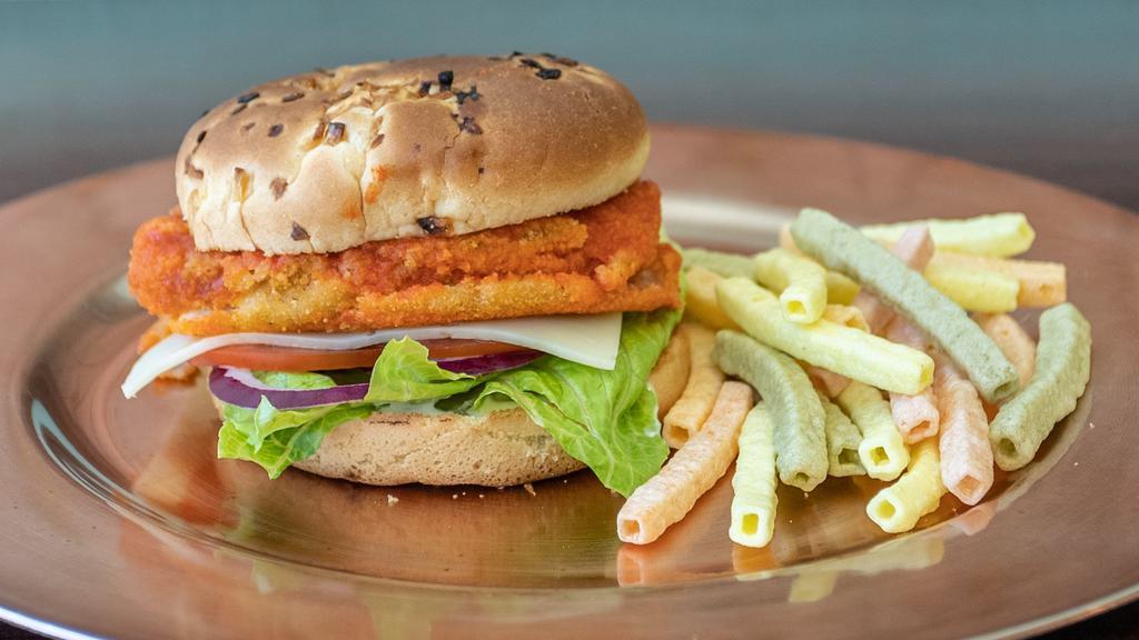 Buffalo Chicken Burger · Hot and spicy. Bun, breaded chicken patty, Romaine, tomato, red onion, ranch.