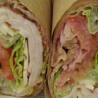 Zesty Turkey Wrap · Tortilla, guacamole, peppered turkey, spring mix, tomatoes, red onion, bell pepper, Mexican ...