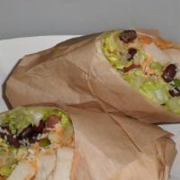 Chipotle Chicken Wrap · Tortilla, guacamole, romaine, chicken pieces, corn, black beans, tomatoes, red onion, bell p...