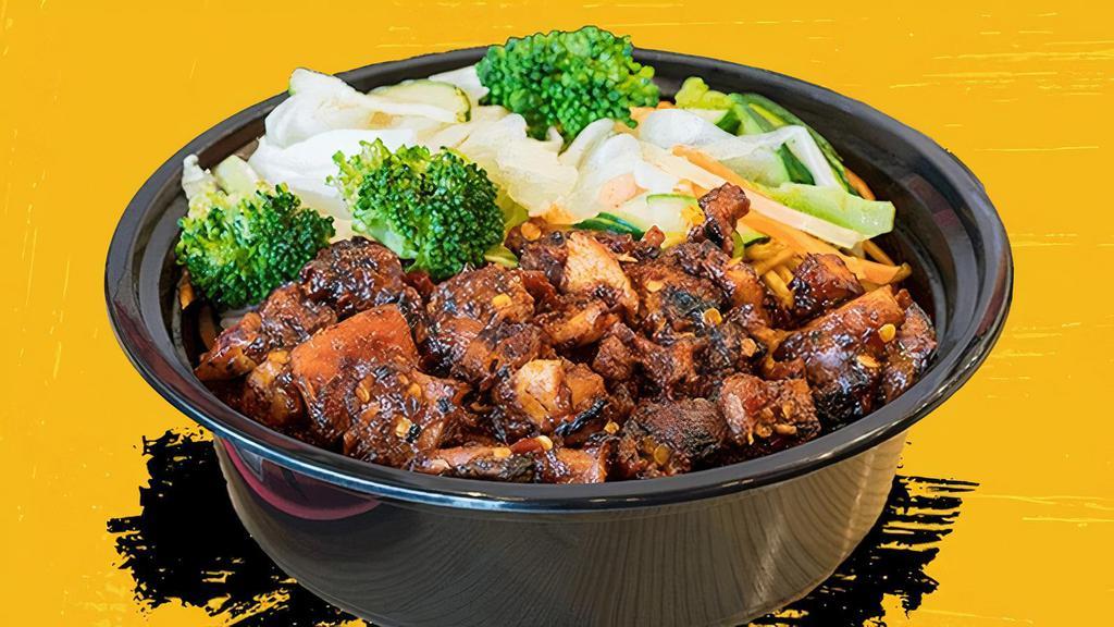 Spicy Chicken Bowl · A crowd favorite. Our fresh chicken teriyaki is stir-fried in our signature house-made spicy sauce and placed upon some white rice, brown rice, fried rice or noodles and stir-fried veggies. More flavor than heat. Warning: highly addictive. This is THE staff favorite!