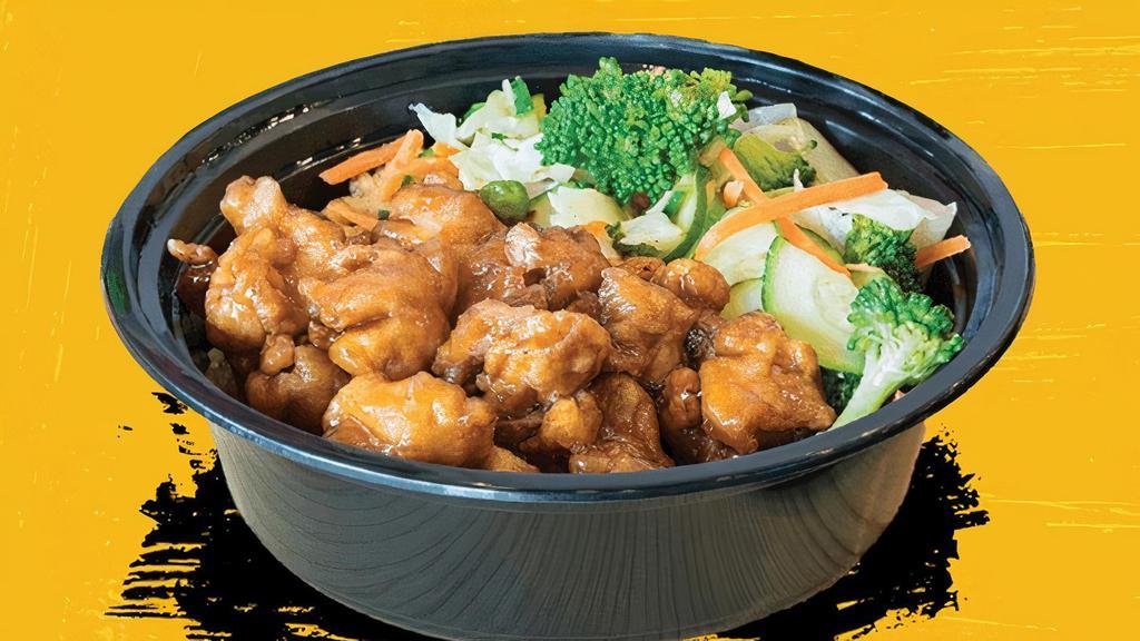 Orange Chicken Bowl · Orange doesn’t rhyme with anything, but it’s delicious! Big pieces of chicken in sweet orange sauce for a delicious take on everyone’s favorite go-to chicken dish. Add it to your choice of white rice, brown rice, fried rice or noodles and stir-fried veggies.