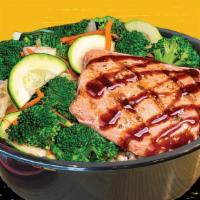 Teriyaki Salmon Bowl · Pan-seared salmon, served with our house-made teriyaki sauce and your choice of white rice, ...