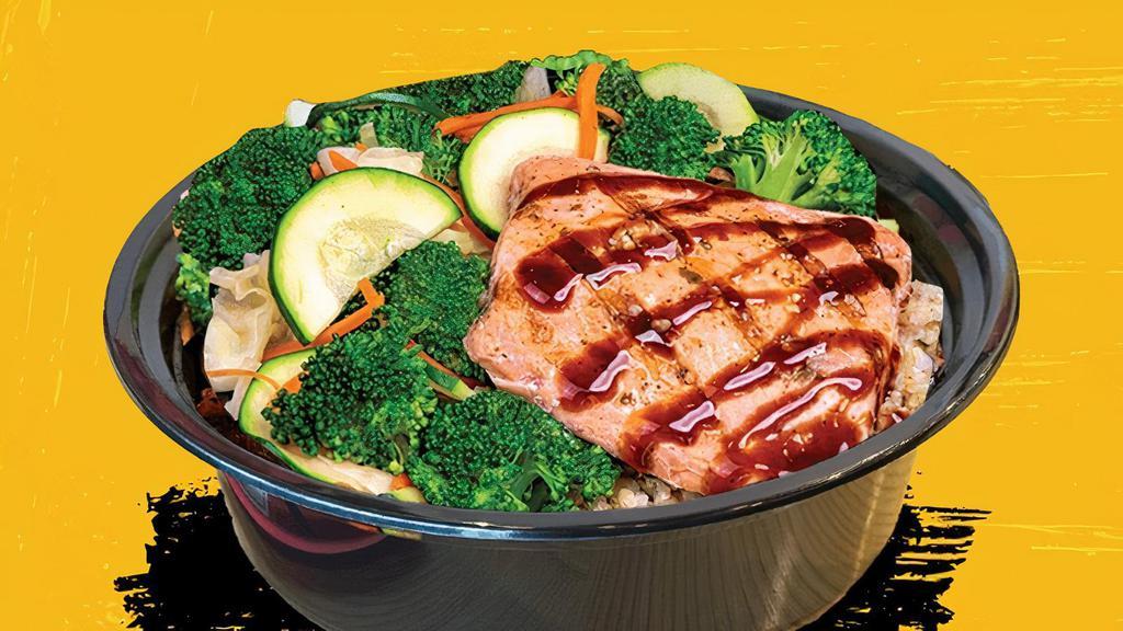 Teriyaki Salmon Bowl · Pan-seared salmon, served with our house-made teriyaki sauce and your choice of white rice, brown rice, fried rice or noodles and stir-fried veggies.