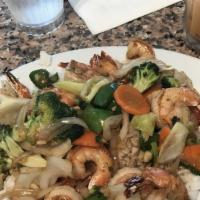 78. Tôm Xào Xả Ớt Xanh · Stir Fried Shrimp with Vegetables, Bell Pepper, Jalapeño over White Rice