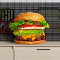 Avocado Bacon Club Burger · American beef patty topped with bacon, lettuce, tomato, onion, pickles, mayo, avocado, and m...