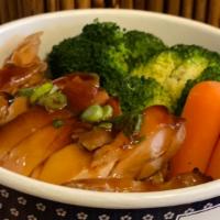 S01. Honey Teriyaki Chicken Don · Grilled teriyaki chicken, steamed veggies with green onion over rice.