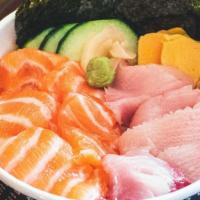 R04. Salmon & Hamachi Don · Salmon and hamachi yellowtail over sushi rice. Premium Sashimi Quality - Freshly prepared da...