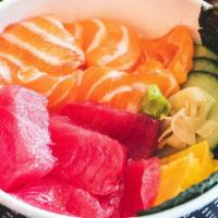 R03. Trio Chirashi Don · Salmon, tuna, hamachi yellowtail sashimi over sushi rice. Premium Sashimi Quality - Freshly ...