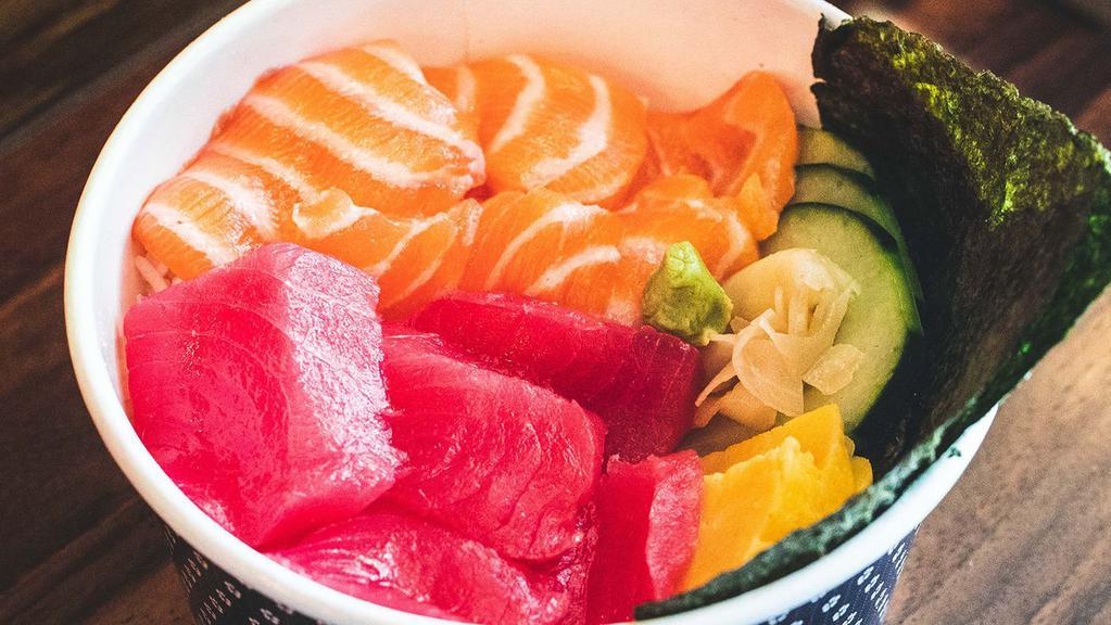 R03. Trio Chirashi Don · Salmon, tuna, hamachi yellowtail sashimi over sushi rice. Premium Sashimi Quality - Freshly prepared daily.