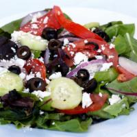 Greek · Lettuce, red onions, tomatoes, cucumbers, kalamata olives, croutons, feta, balsamic vinaigre...